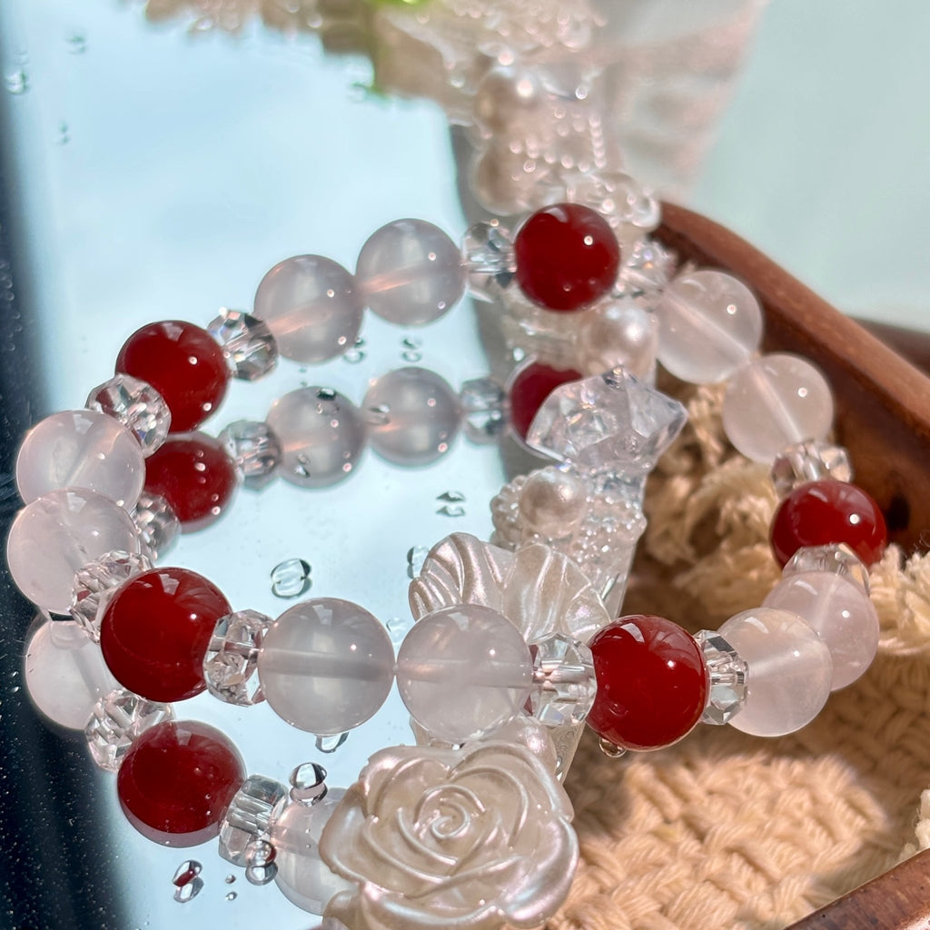 10mm Cream White Crystal & Red Agate Beaded Bracelet with Clear Quartz Spacers - DancingMotes