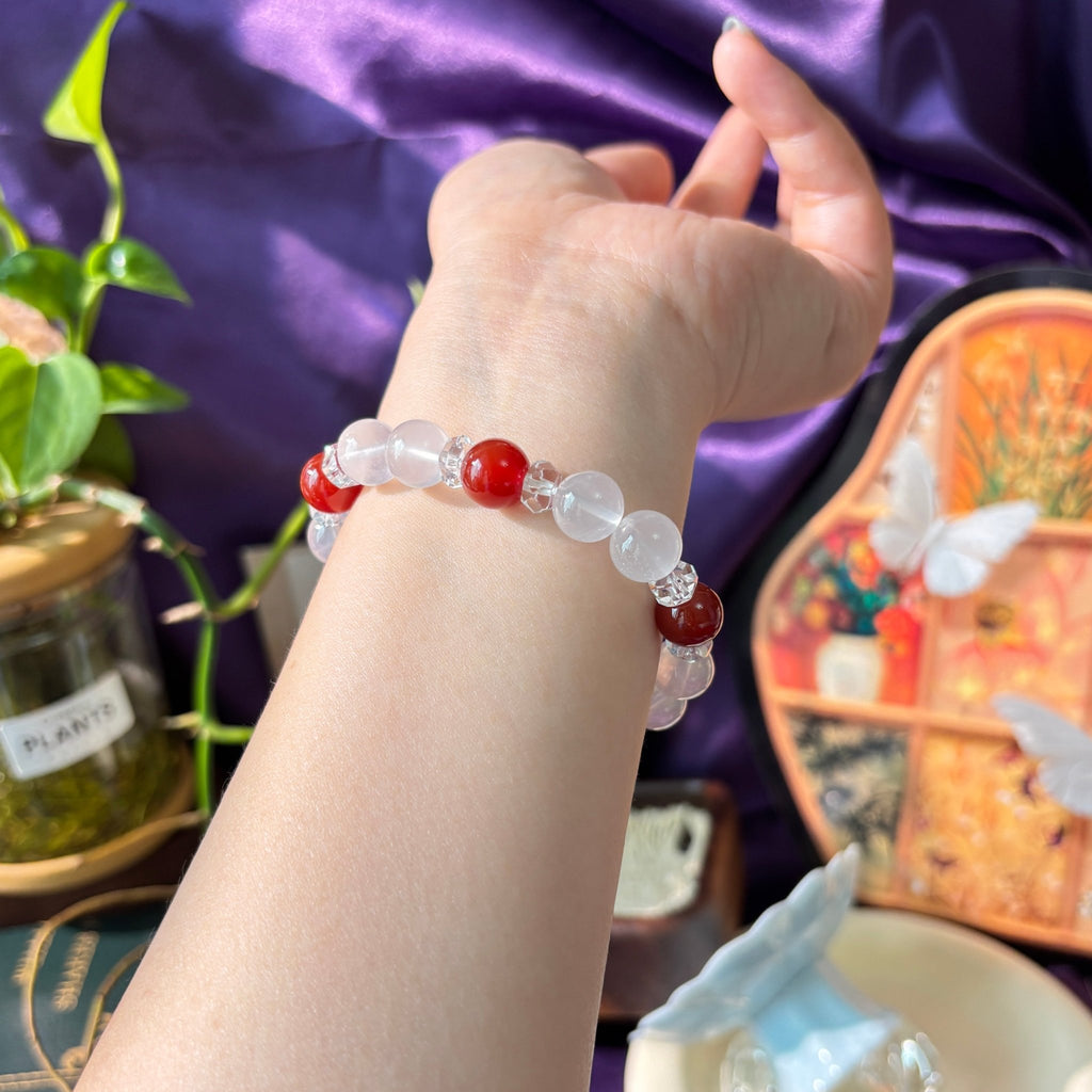 10mm Cream White Crystal & Red Agate Beaded Bracelet with Clear Quartz Spacers - DancingMotes