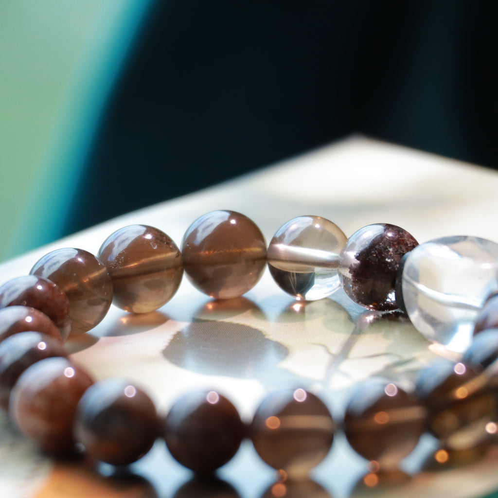 Black Gold Super Seven & Smoky Quartz Bracelet with Red Phantom Quartz and Clear Quartz