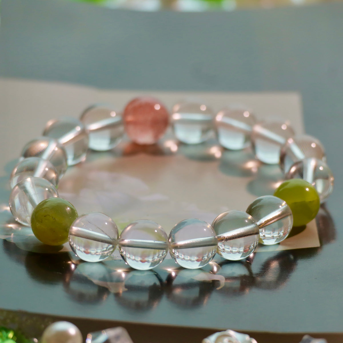 Natural Clear Quartz Bracelet with Xiuyan Jade & Strawberry Quartz | 10mm Gemstone Beads