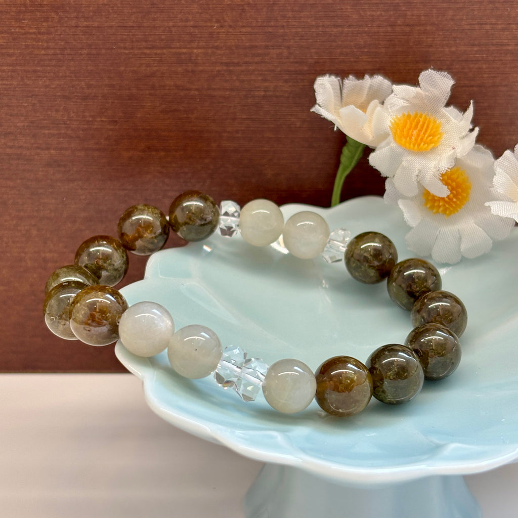 Tsavorite Garnet & Silver Moonstone Bracelet | Natural Green Gemstone Beads