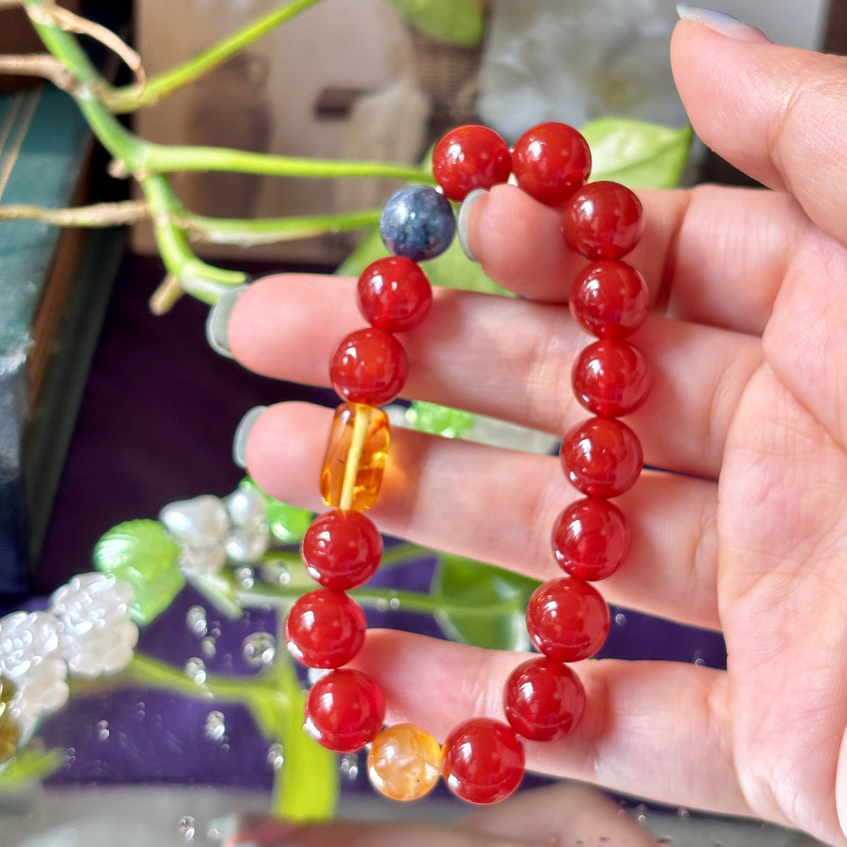 Red Agate Bracelet with Blue Kyanite, Yellow Flower Agate & Amber