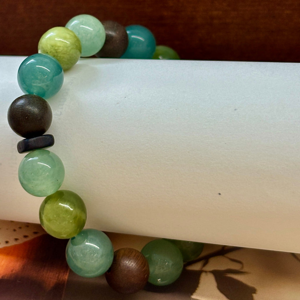 Green Aventurine & Xiuyan Jade Bracelet with Blue Agate and Green Sandalwood