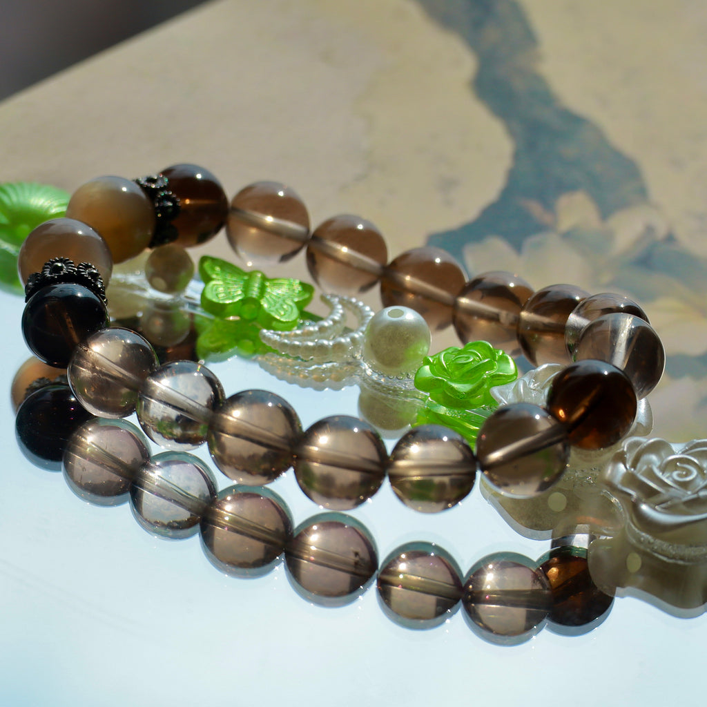 White & Black Smoky Quartz Bracelet with Cream Moonstone | 10mm Natural Gemstone Beads