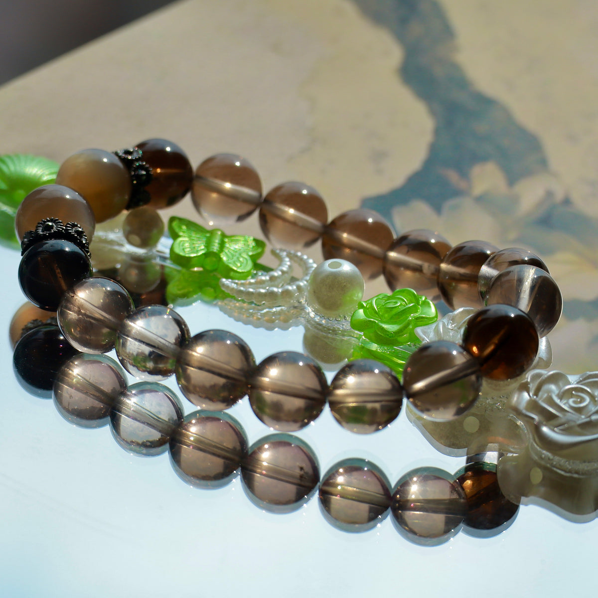 White & Black Smoky Quartz Bracelet with Cream Moonstone | 10mm Natural Gemstone Beads