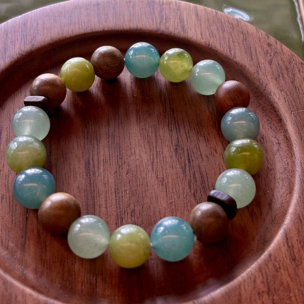 Green Aventurine & Xiuyan Jade Bracelet with Blue Agate and Green Sandalwood