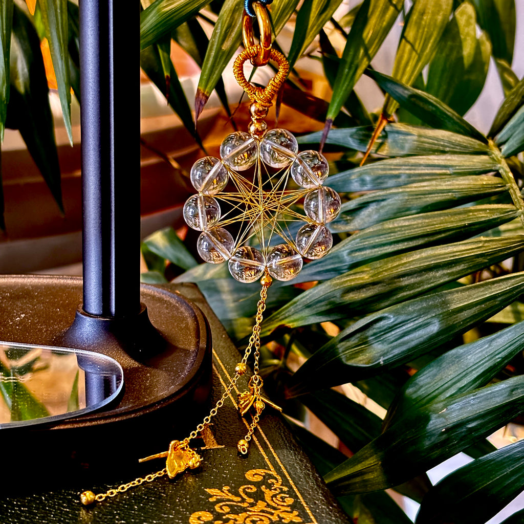 Natural Clear Quartz Crystal Hanging Ornament with Gold Cord for Home Decor Witch Crystal