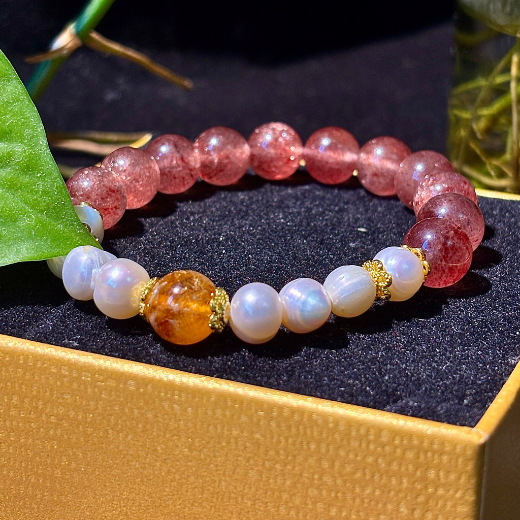10mm Strawberry Quartz & Pearl Bracelet with Golden Rutilated Quartz