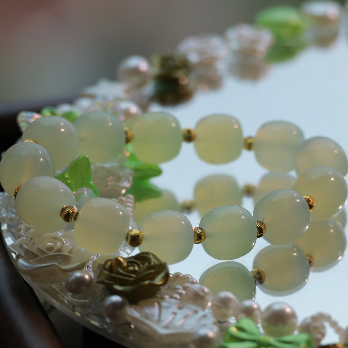 12mm Natural Xiuyan Jade Bracelet with Gold-Plated Copper Beads | Handmade Jade Jewelry - DancingMotes
