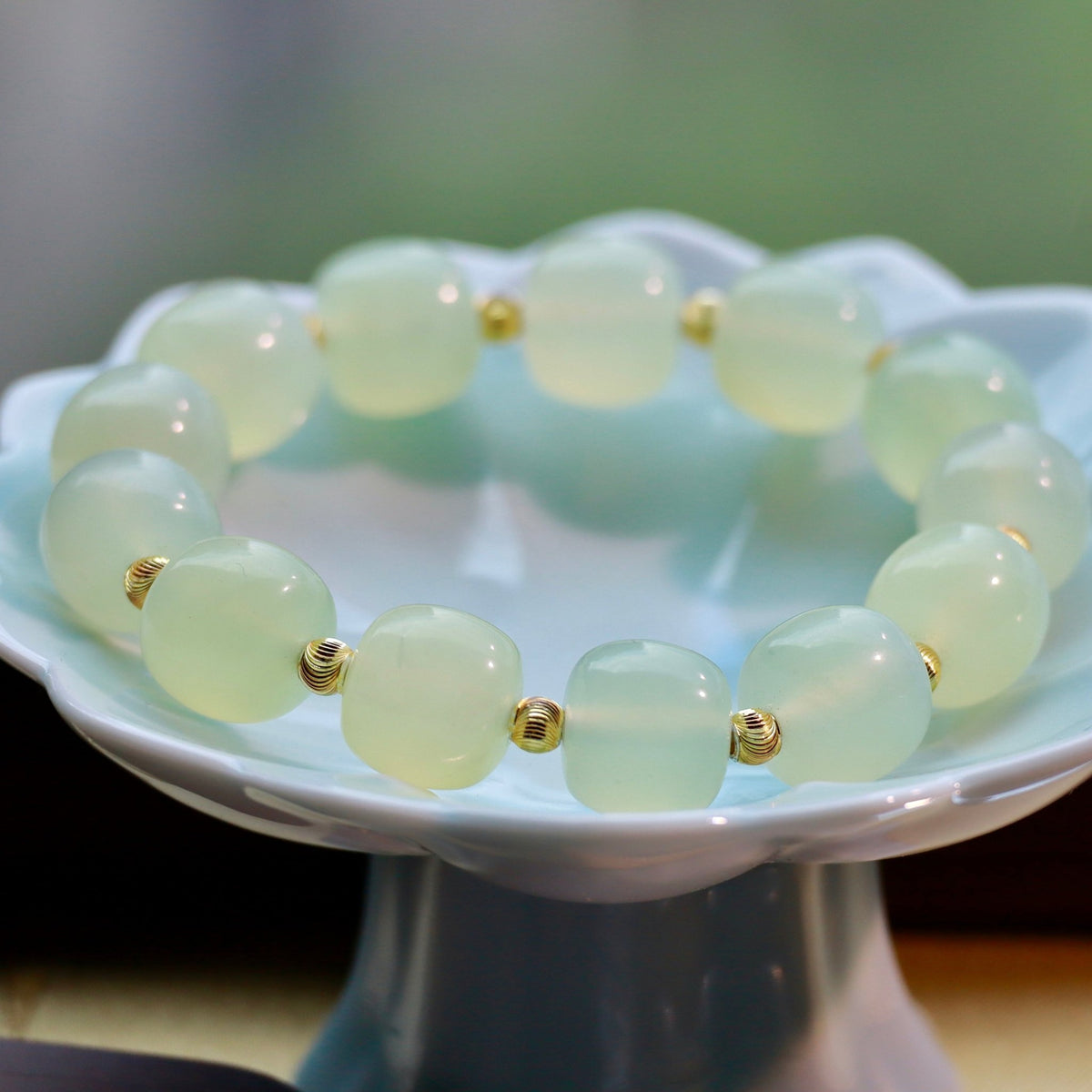 12mm Natural Xiuyan Jade Bracelet with Gold-Plated Copper Beads | Handmade Jade Jewelry - DancingMotes