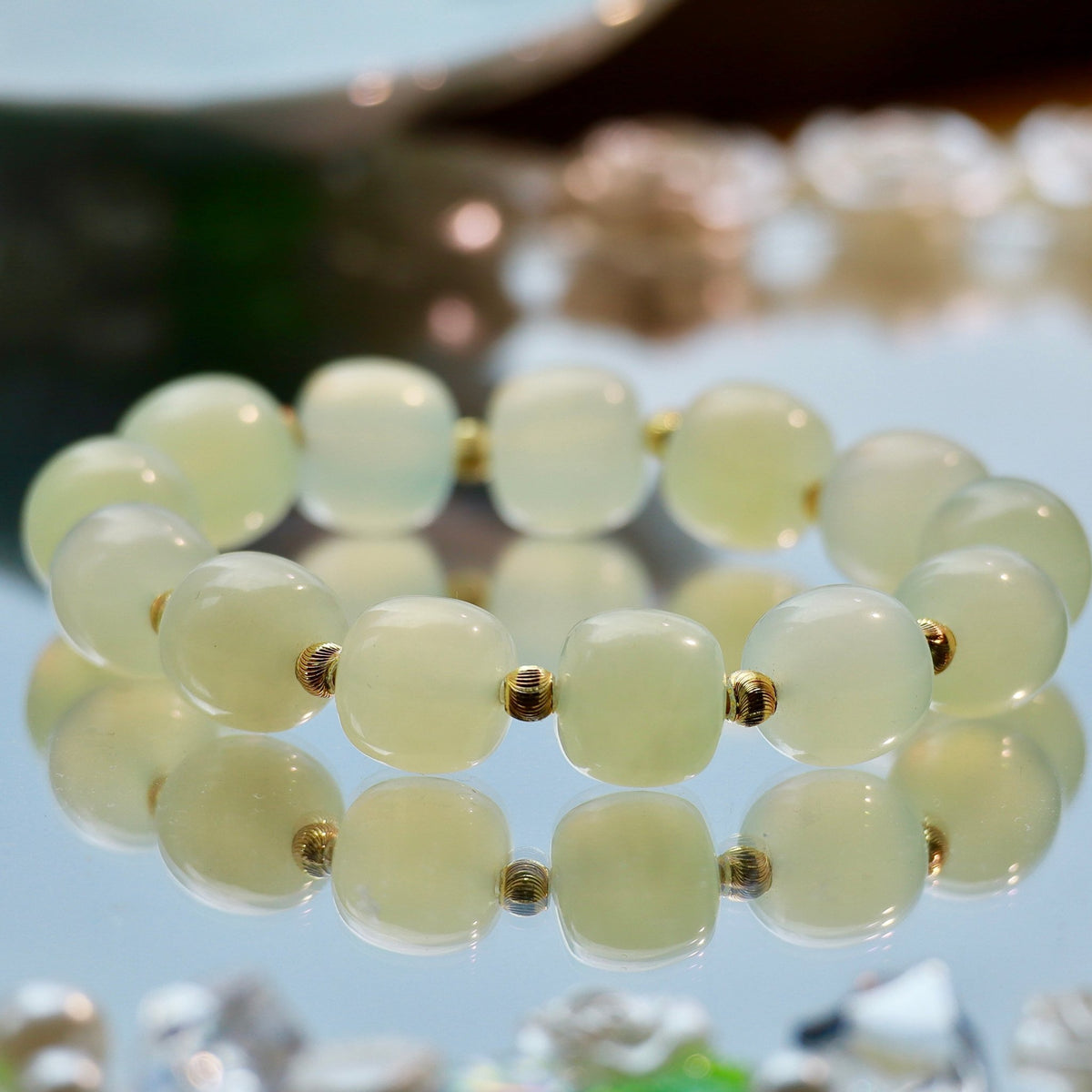 12mm Natural Xiuyan Jade Bracelet with Gold-Plated Copper Beads | Handmade Jade Jewelry - DancingMotes