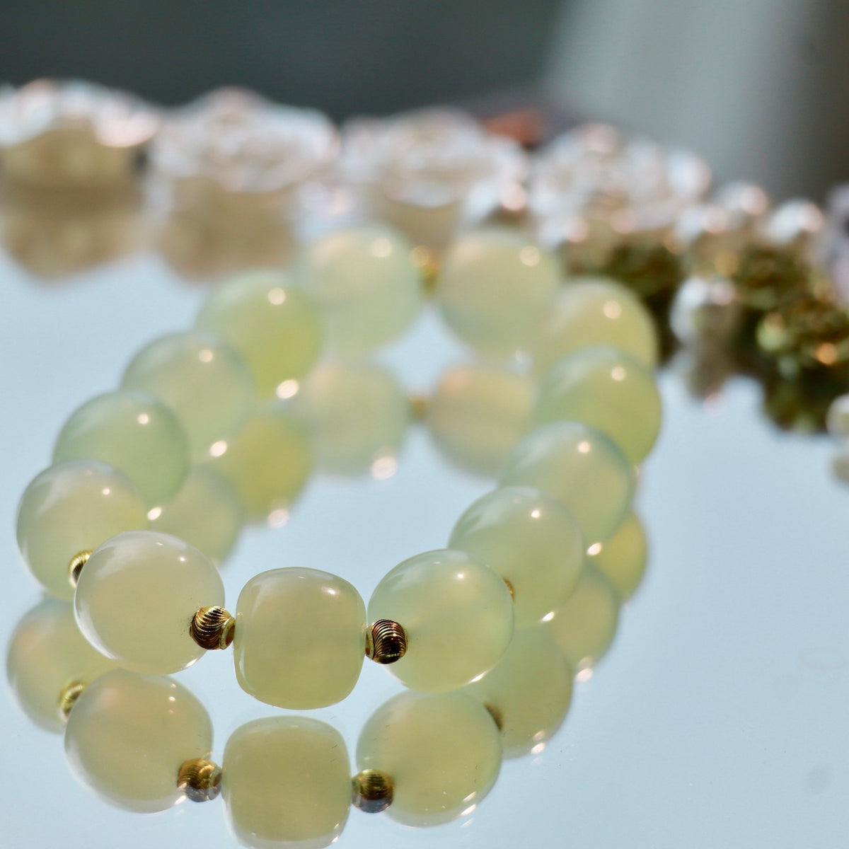 12mm Natural Xiuyan Jade Bracelet with Gold-Plated Copper Beads | Handmade Jade Jewelry - DancingMotes