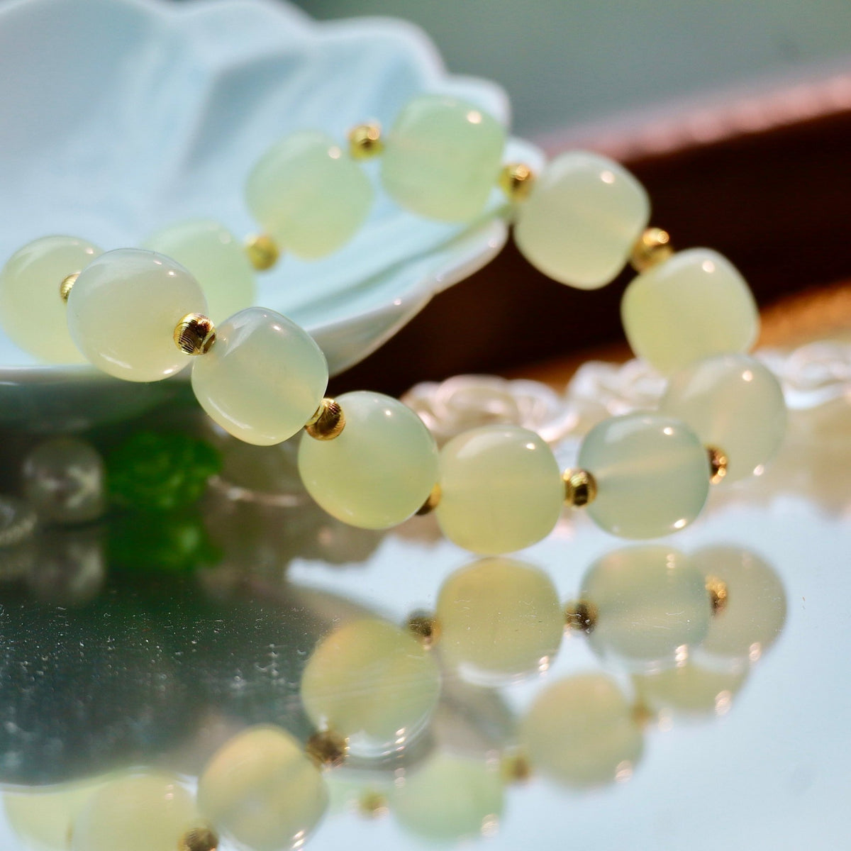 12mm Natural Xiuyan Jade Bracelet with Gold-Plated Copper Beads | Handmade Jade Jewelry - DancingMotes