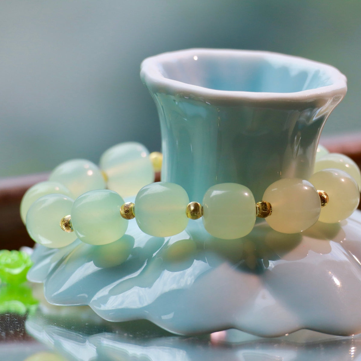 12mm Natural Xiuyan Jade Bracelet with Gold-Plated Copper Beads | Handmade Jade Jewelry - DancingMotes