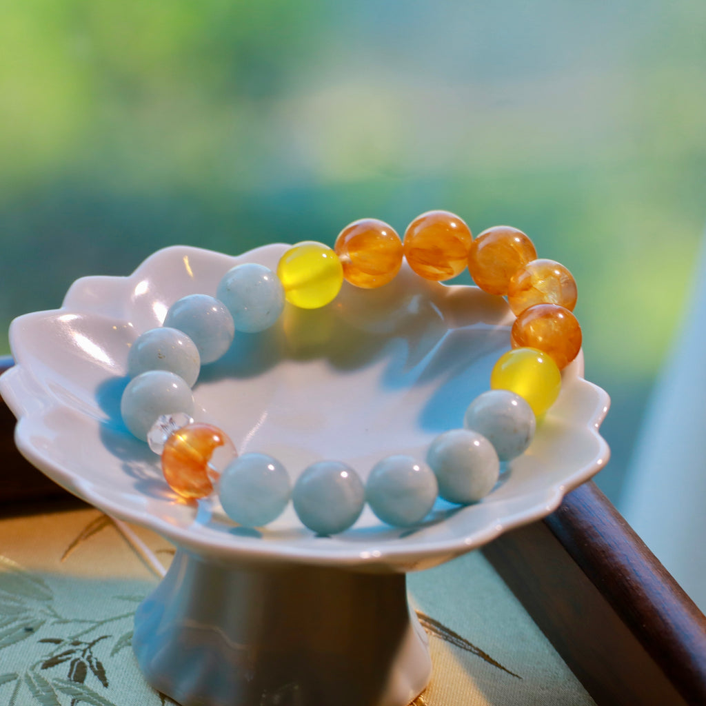 Natural Aquamarine & Yellow Hematoid Quartz Bracelet | 10mm Gemstone Beads