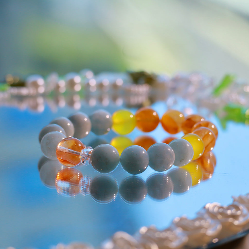 Natural Aquamarine & Yellow Hematoid Quartz Bracelet | 10mm Gemstone Beads