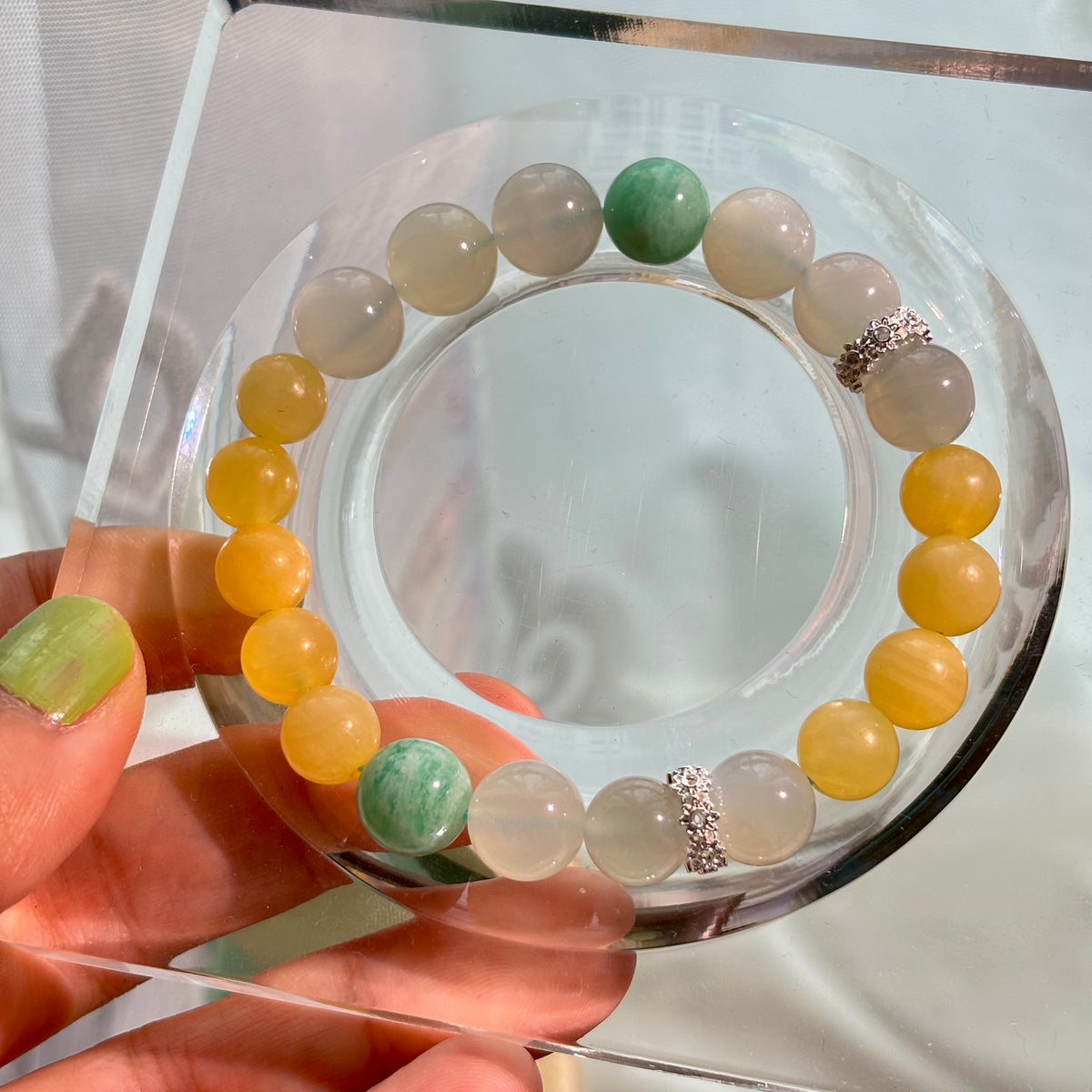 Natural Moonstone, Yellow Jade & Amazonite Gemstone Bracelet