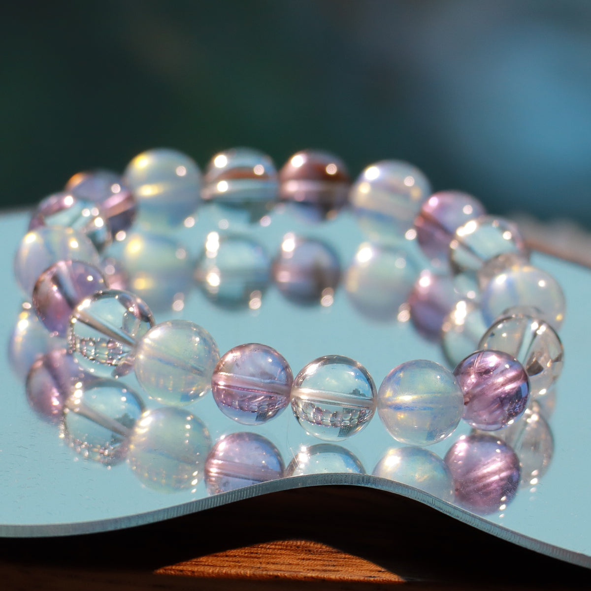 9-10mm Natural Aquamarine, Brazilian Amethyst & Clear Quartz Bracelet