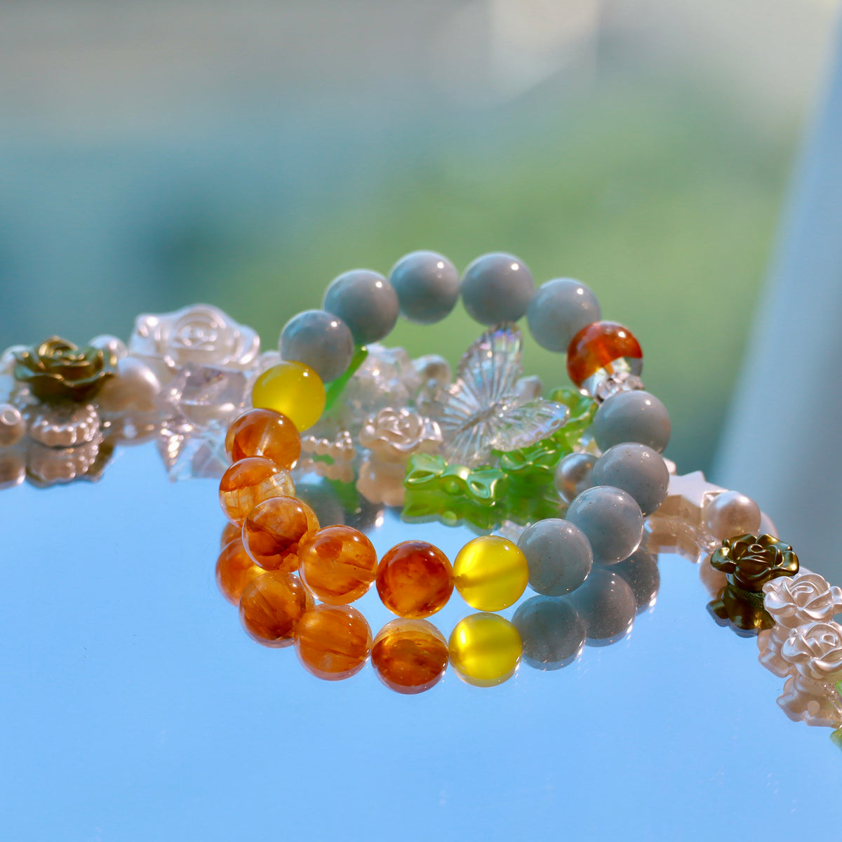 Natural Aquamarine & Yellow Hematoid Quartz Bracelet | 10mm Gemstone Beads