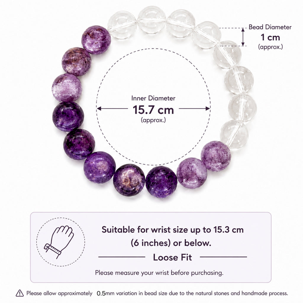 10mm Silver Purple Lepidolite & White Quartz Bracelet – Handmade Natural Crystal Stretch Bracelet