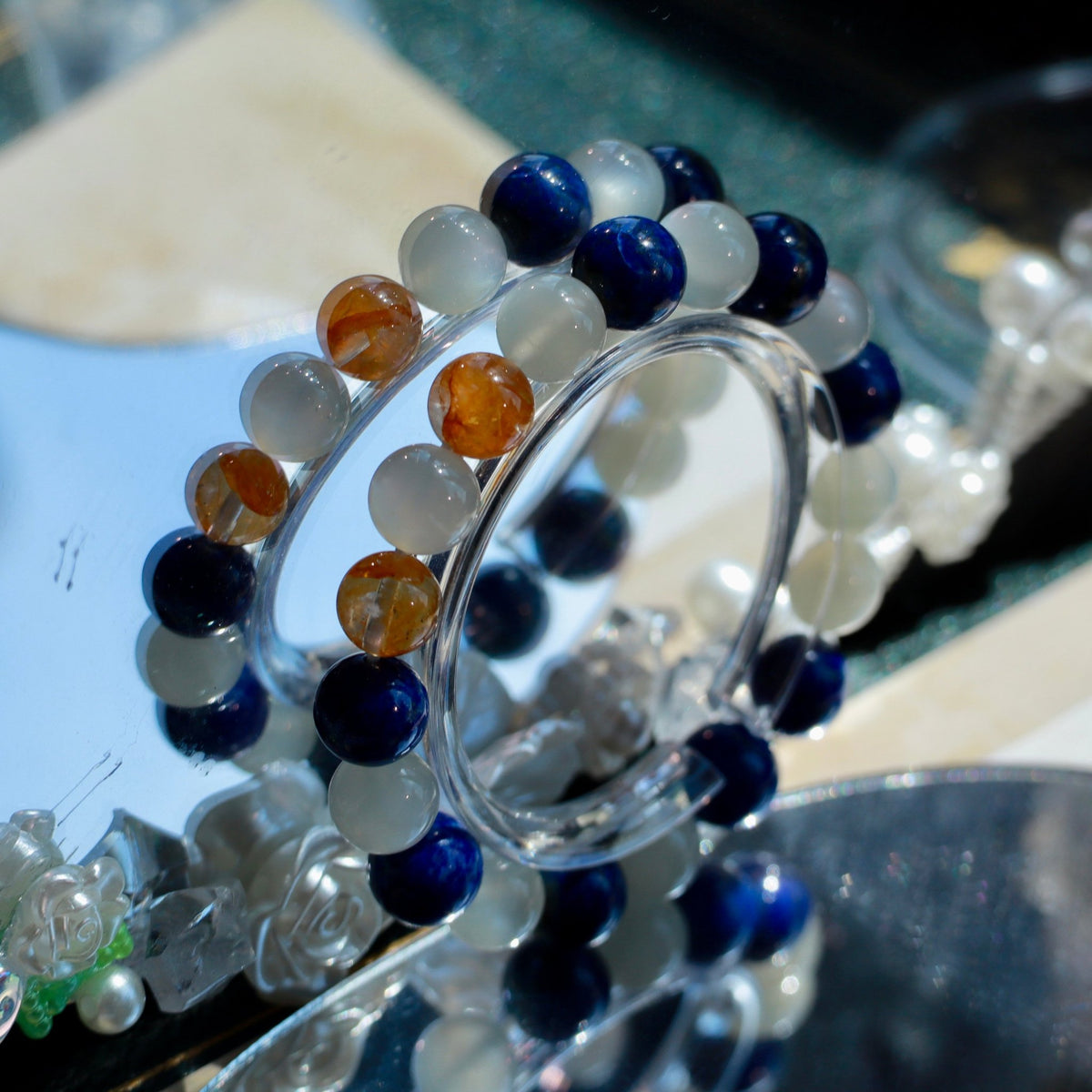 9-10mm Natural Lapis Lazuli, White Moonstone & Yellow Hematoid Quartz Bracelet - DancingMotes