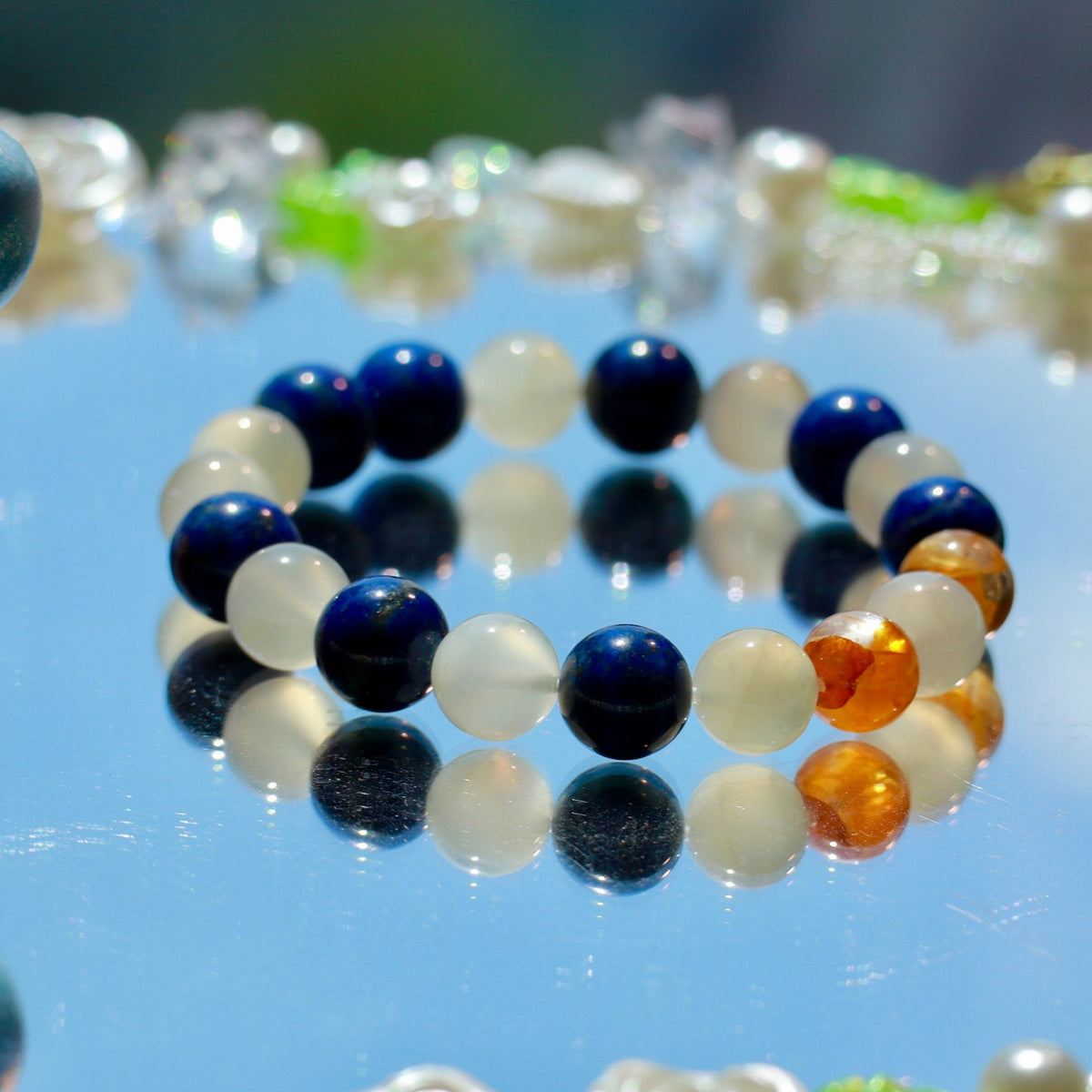 9-10mm Natural Lapis Lazuli, White Moonstone & Yellow Hematoid Quartz Bracelet - DancingMotes
