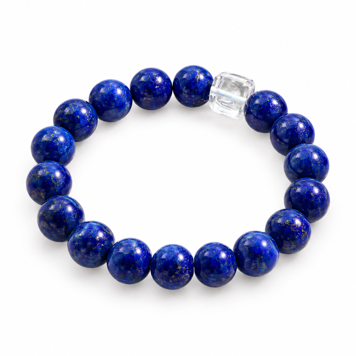 9mm Natural Lapis Lazuli Bracelet with Clear Quartz Cube | Blue Gemstone Beaded Bracelet