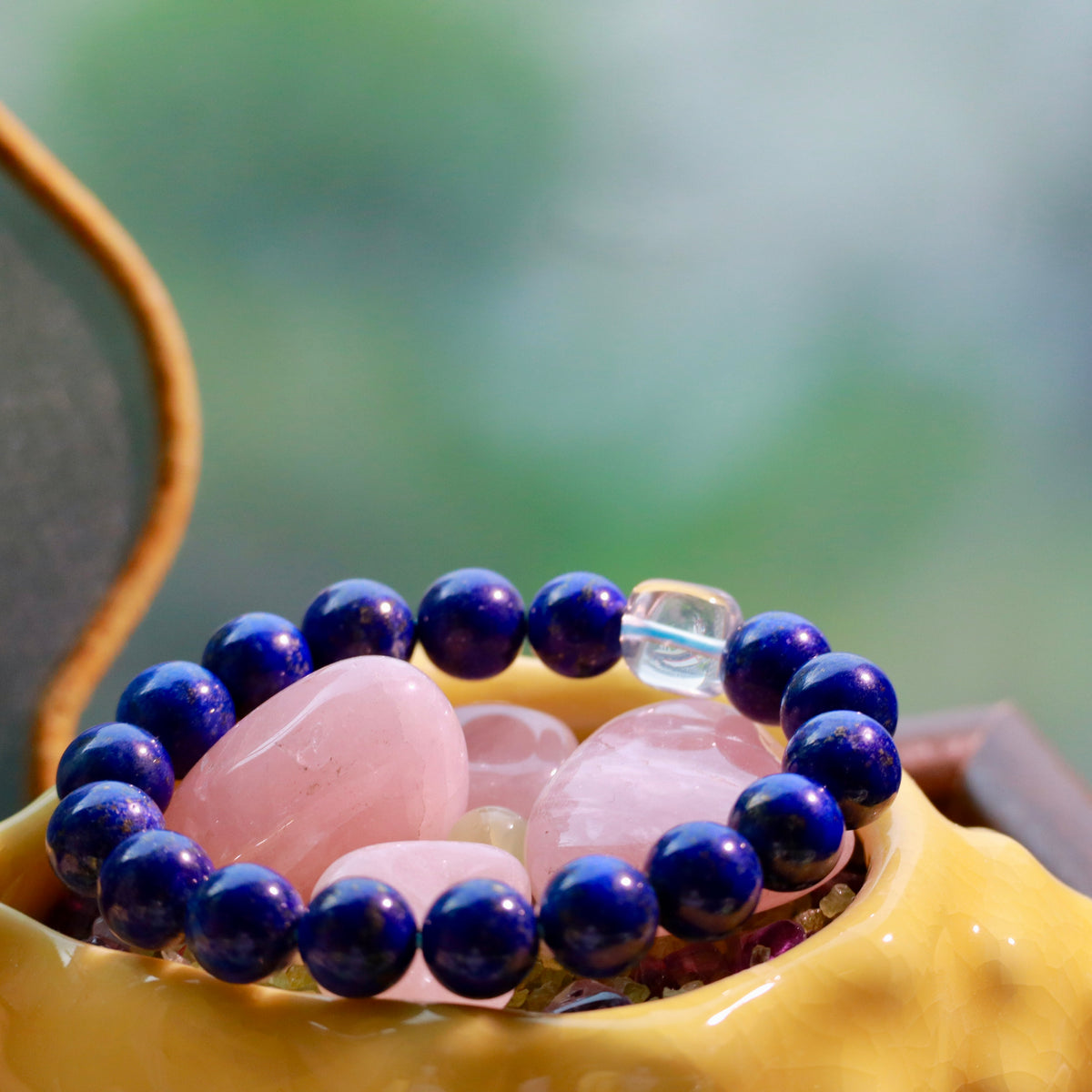 9mm Natural Lapis Lazuli Bracelet with Clear Quartz Cube | Blue Gemstone Beaded Bracelet