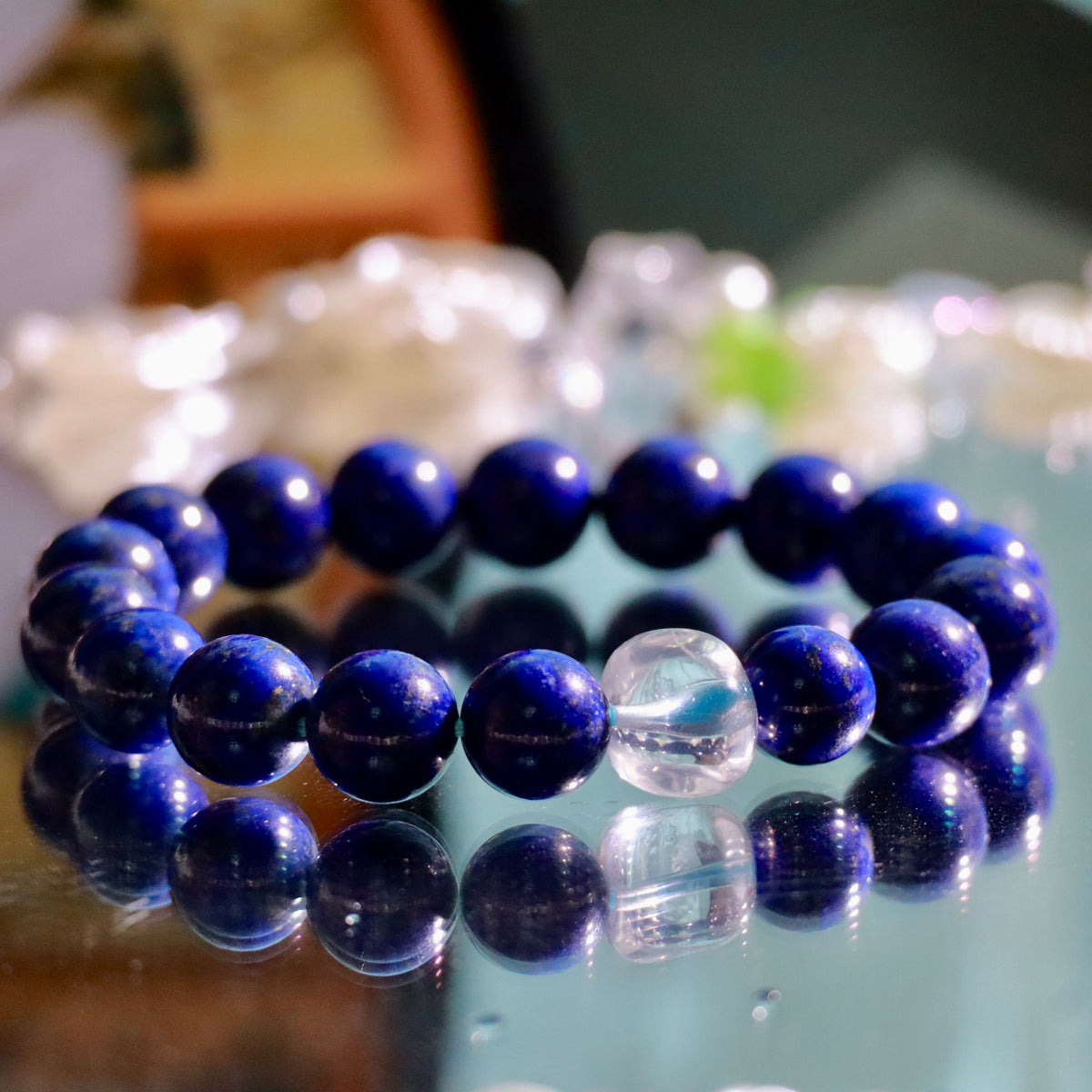 9mm Natural Lapis Lazuli Bracelet with Clear Quartz Cube | Blue Gemstone Beaded Bracelet
