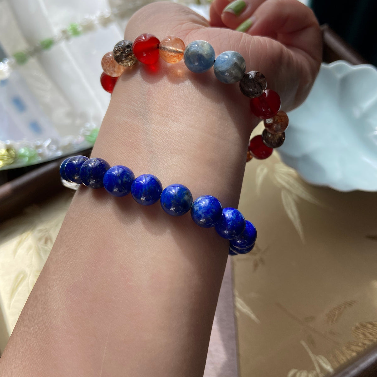 9mm Natural Lapis Lazuli Bracelet with Clear Quartz Cube | Blue Gemstone Beaded Bracelet