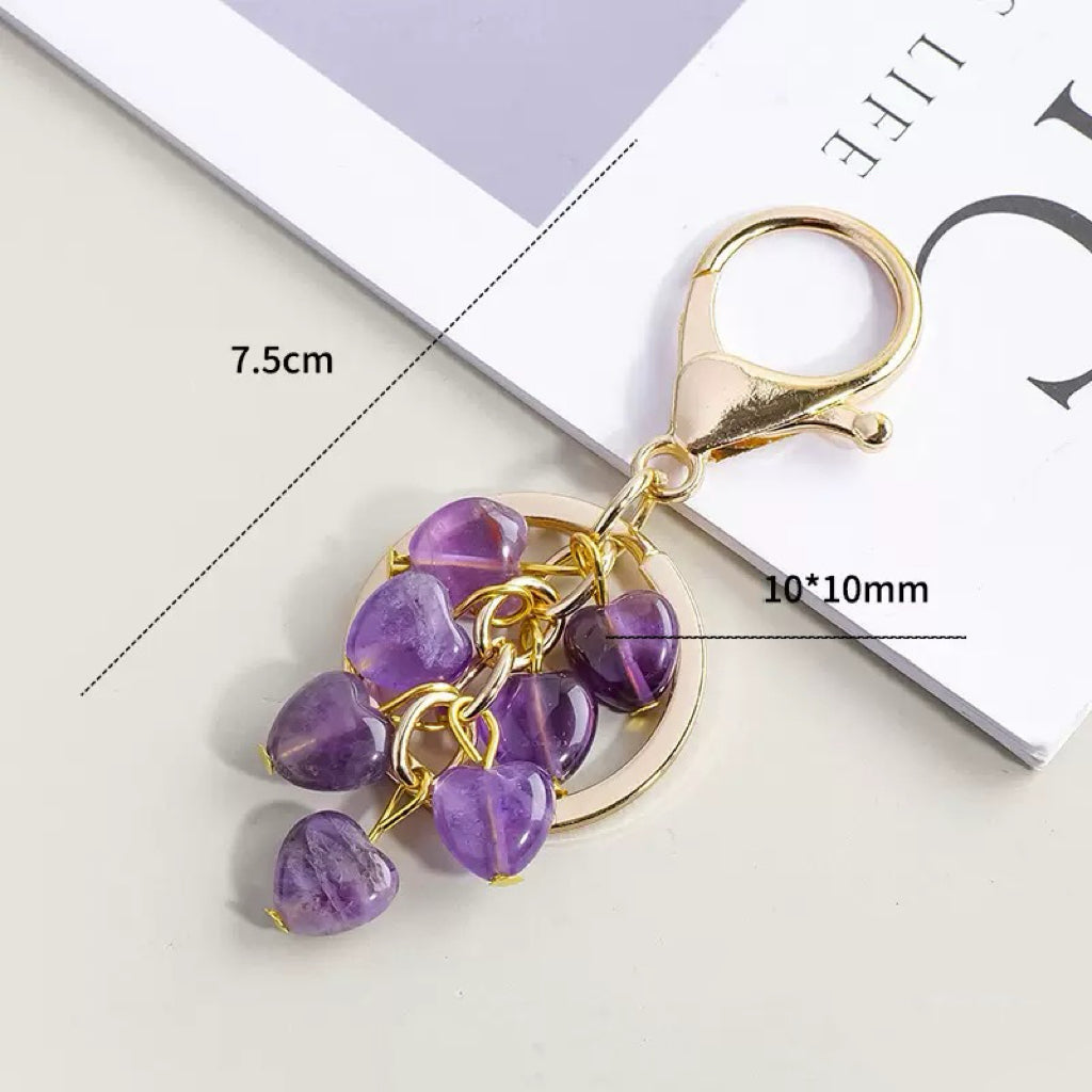 Natural Crystal Heart Keychain | Red Agate or Amethyst Beaded Bag Charm