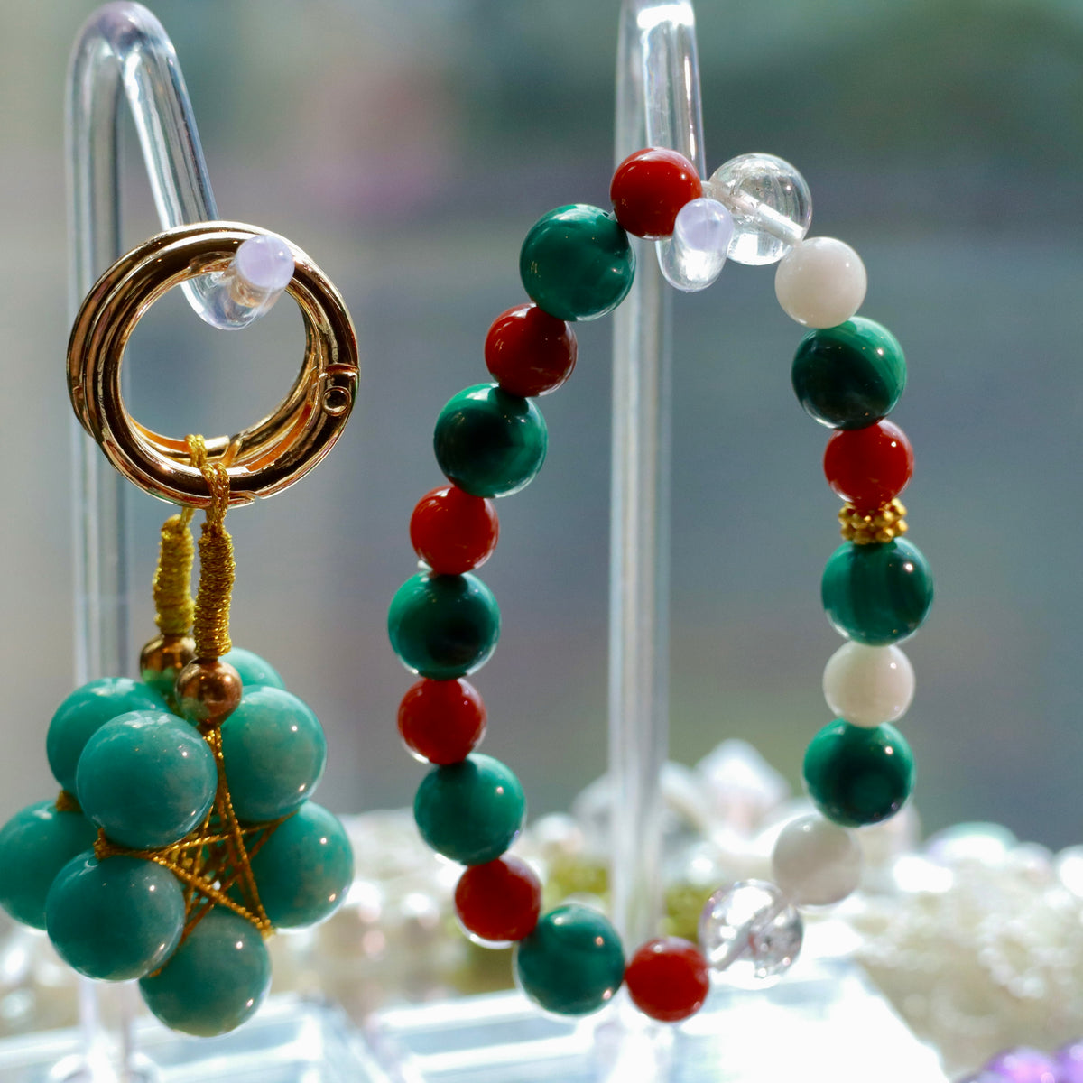 10mm Malachite Bracelet with Nanhong Agate, Snowflake Phantom Quartz & White Azeztulite Christmas Decor