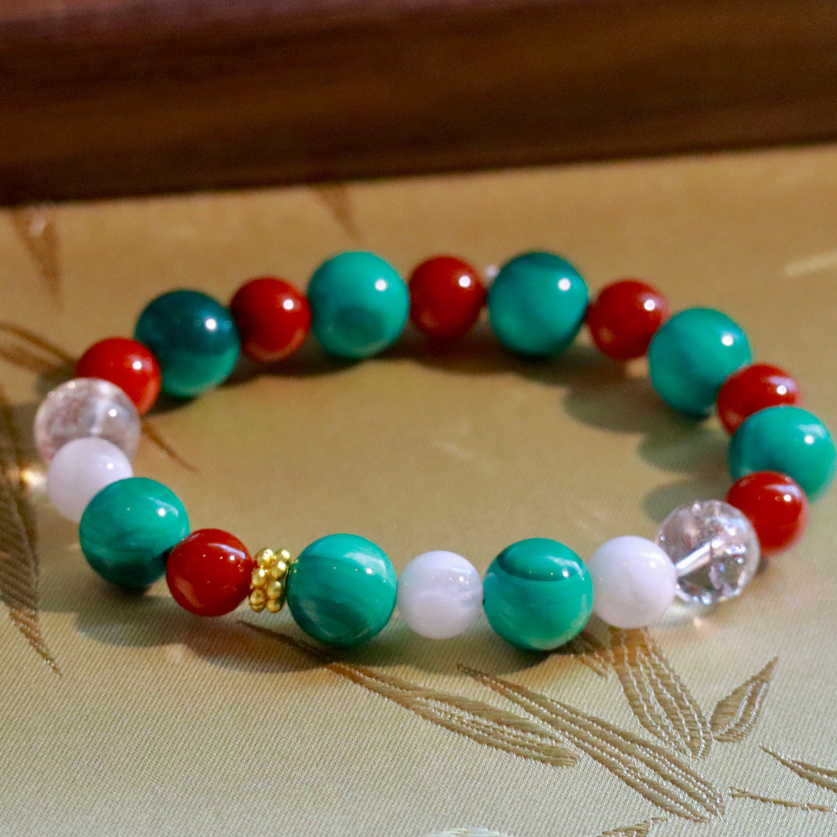 10mm Malachite Bracelet with Nanhong Agate, Snowflake Phantom Quartz & White Azeztulite Christmas Decor