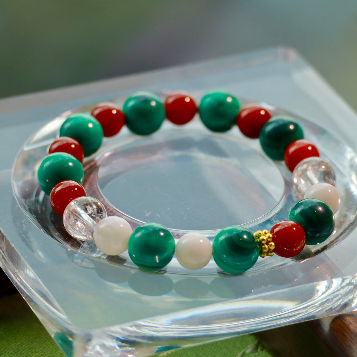 10mm Malachite Bracelet with Nanhong Agate, Snowflake Phantom Quartz & White Azeztulite Christmas Decor