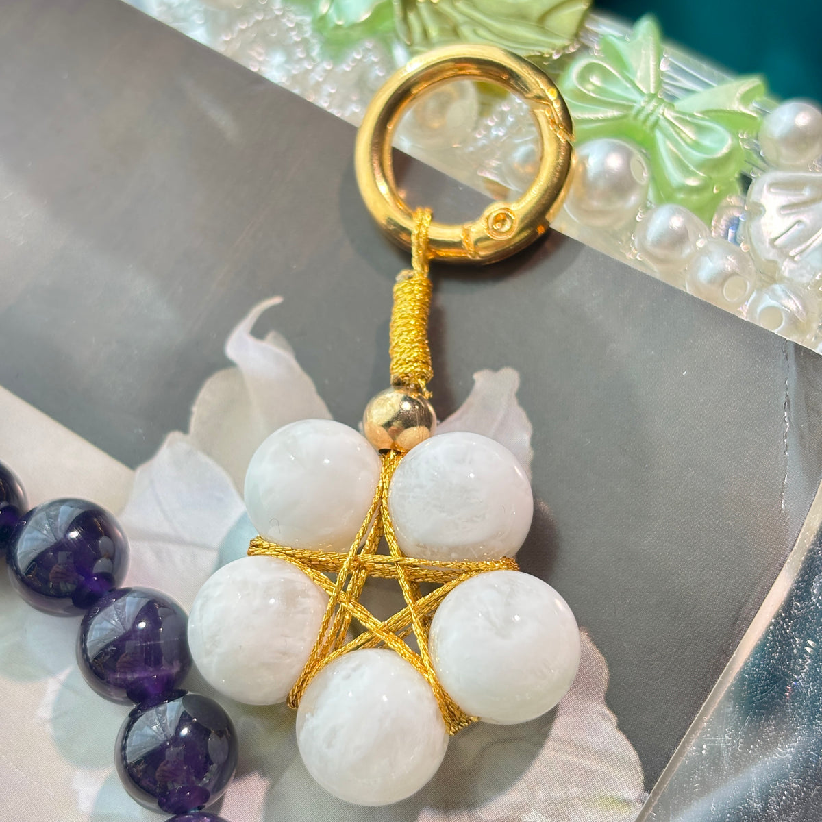 White Snowflake Phantom Quartz Star Keychain | Natural Crystal Bag Charm