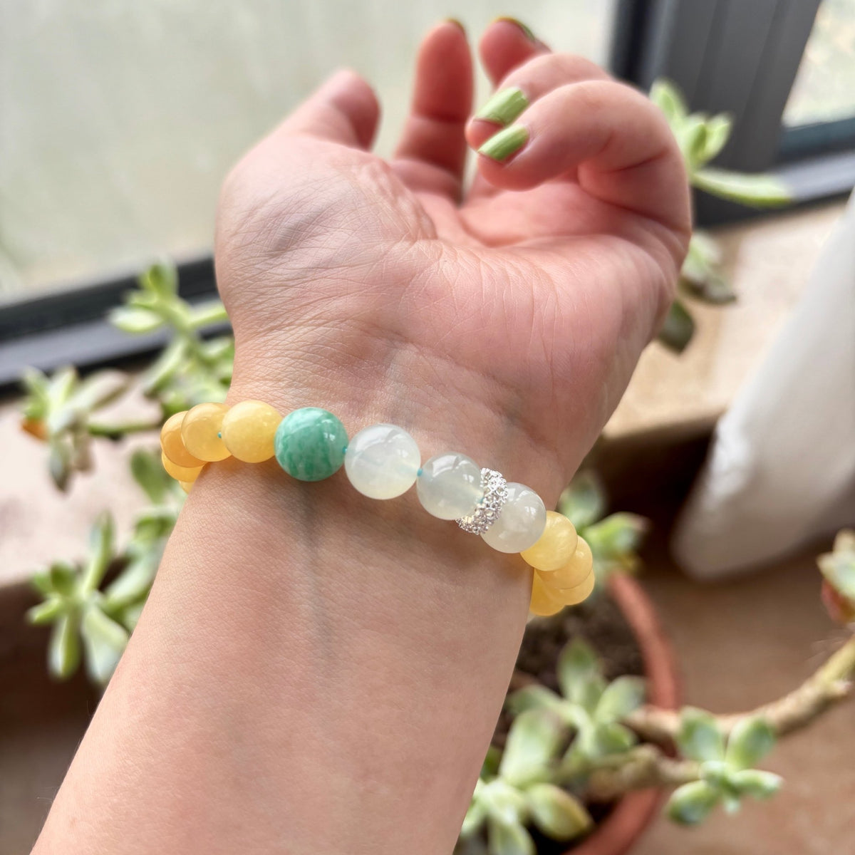 Natural Moonstone, Yellow Jade & Amazonite Gemstone Bracelet - DancingMotes