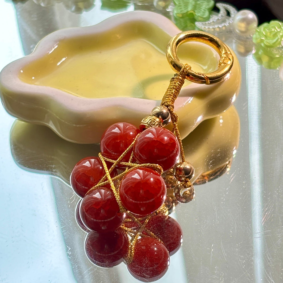 Natural Red Agate Dragon Scale Keychain with Gold-Plated Copper Beads - DancingMotes