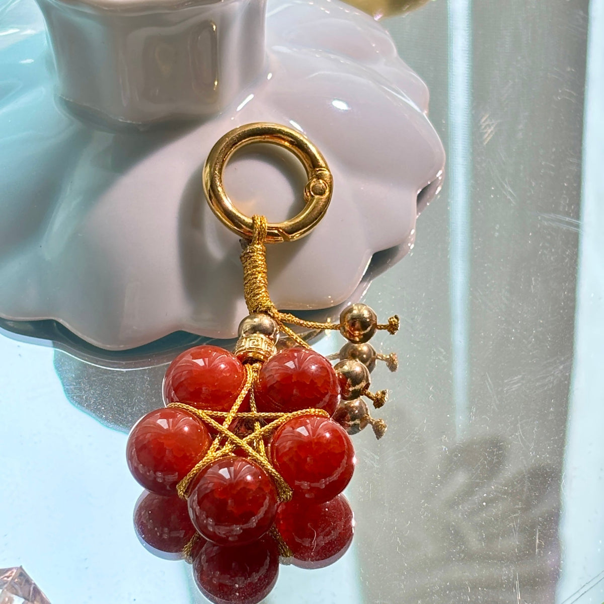 Natural Red Agate Dragon Scale Keychain with Gold-Plated Copper Beads - DancingMotes