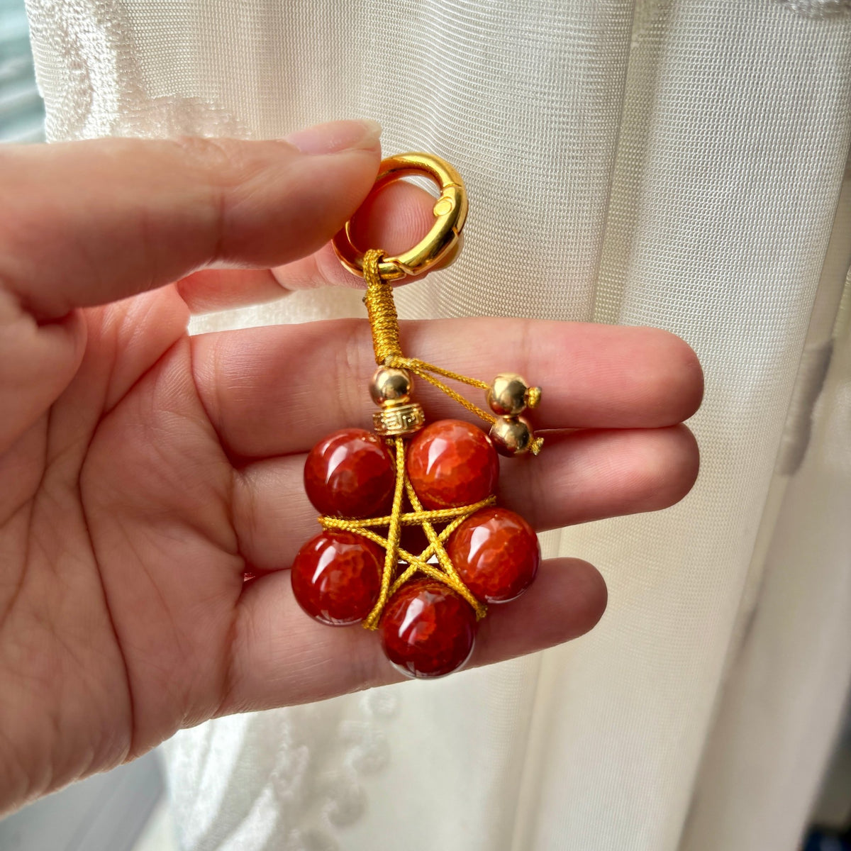 Natural Red Agate Dragon Scale Keychain with Gold-Plated Copper Beads - DancingMotes