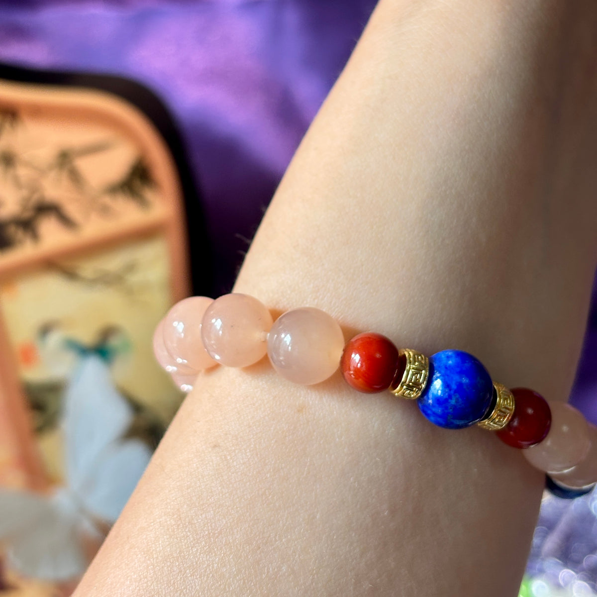 10mm Natural Pink Agate Bracelet with Nanhong Agate and Lapis Lazuli